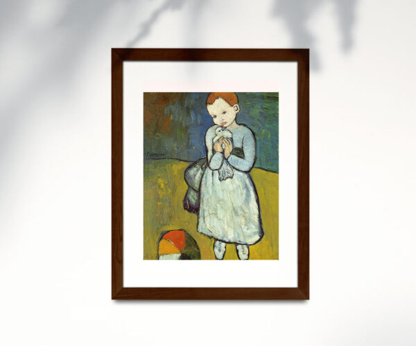 Poster de Picasso en papel estucado semi mate con marco roble oscuro. Obra: Infante con paloma.