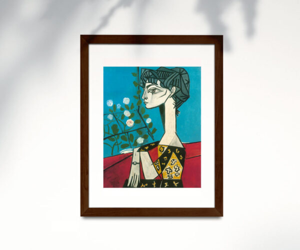 Poster de Picasso en papel estucado semi mate con marco roble oscuro. Obra: Jacqueline con flores.