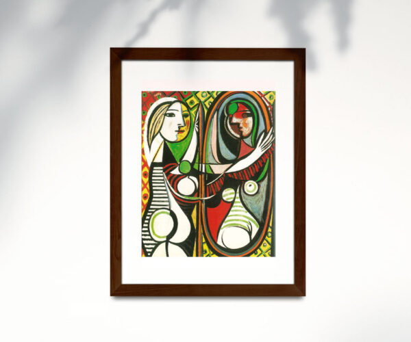 Poster de Picasso en papel estucado semi mate con marco roble oscuro. Obra: Joven frente al espejo.