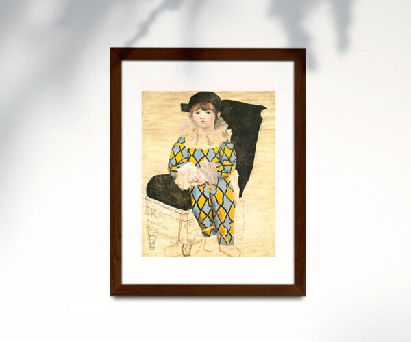 Poster de Picasso en papel estucado semi mate con marco roble oscuro. Paul en arlequin.