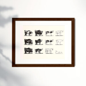 Poster de Picasso en papel estucado semi mate con marco roble oscuro. Obra: Las metamorfosis del toro.