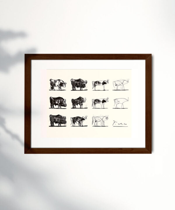Poster de Picasso en papel estucado semi mate con marco roble oscuro. Obra: Las metamorfosis del toro.